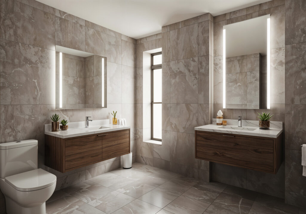 Modern bathroom style tips for small spaces with floating vanity and frameless glass shower